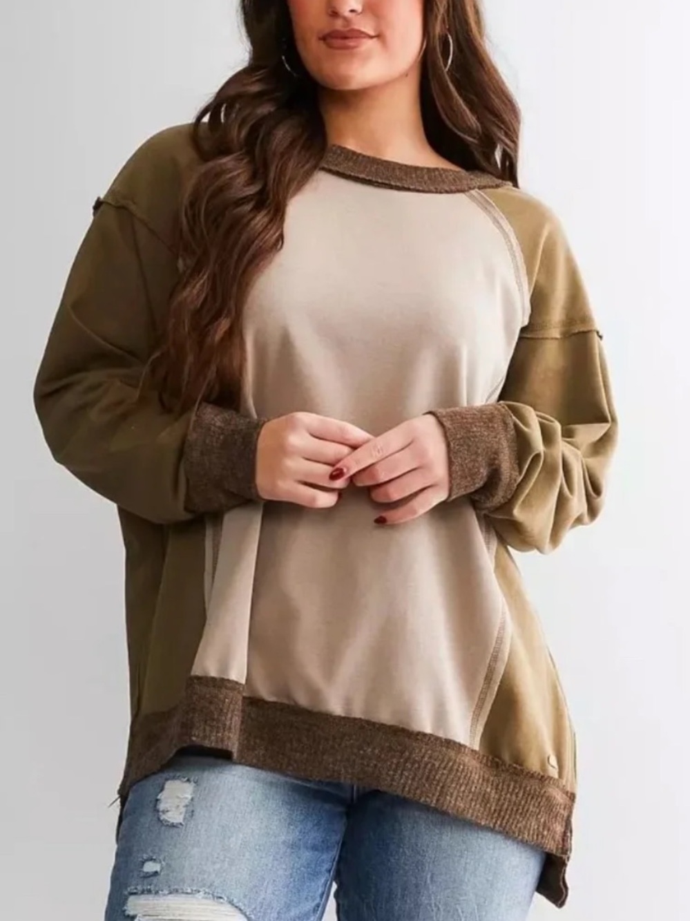 Crewneck Sweater Olive Green and Beige Two-Tone BKE